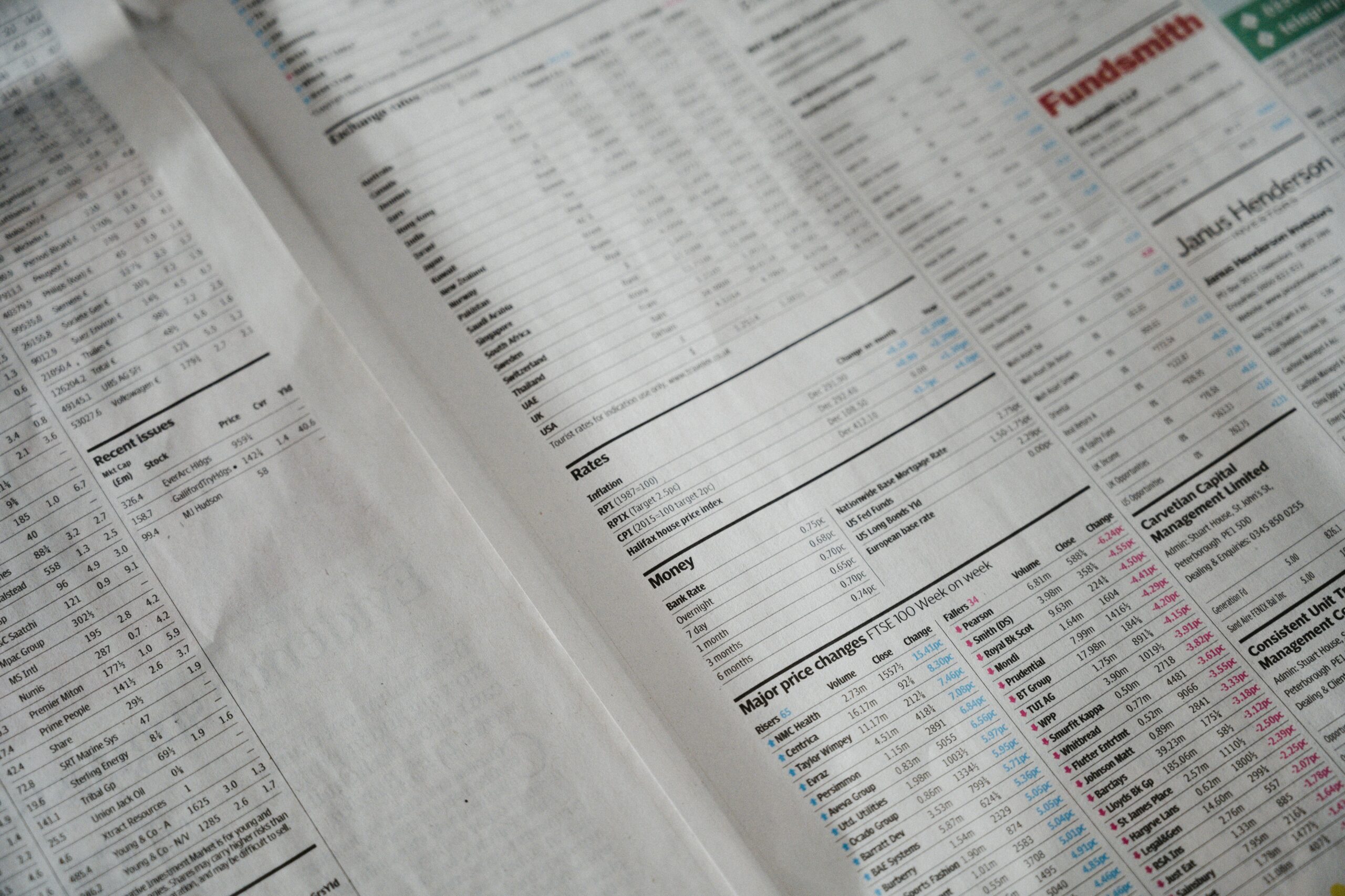 Financial newspaper displaying economical data such as interest rates and inflation