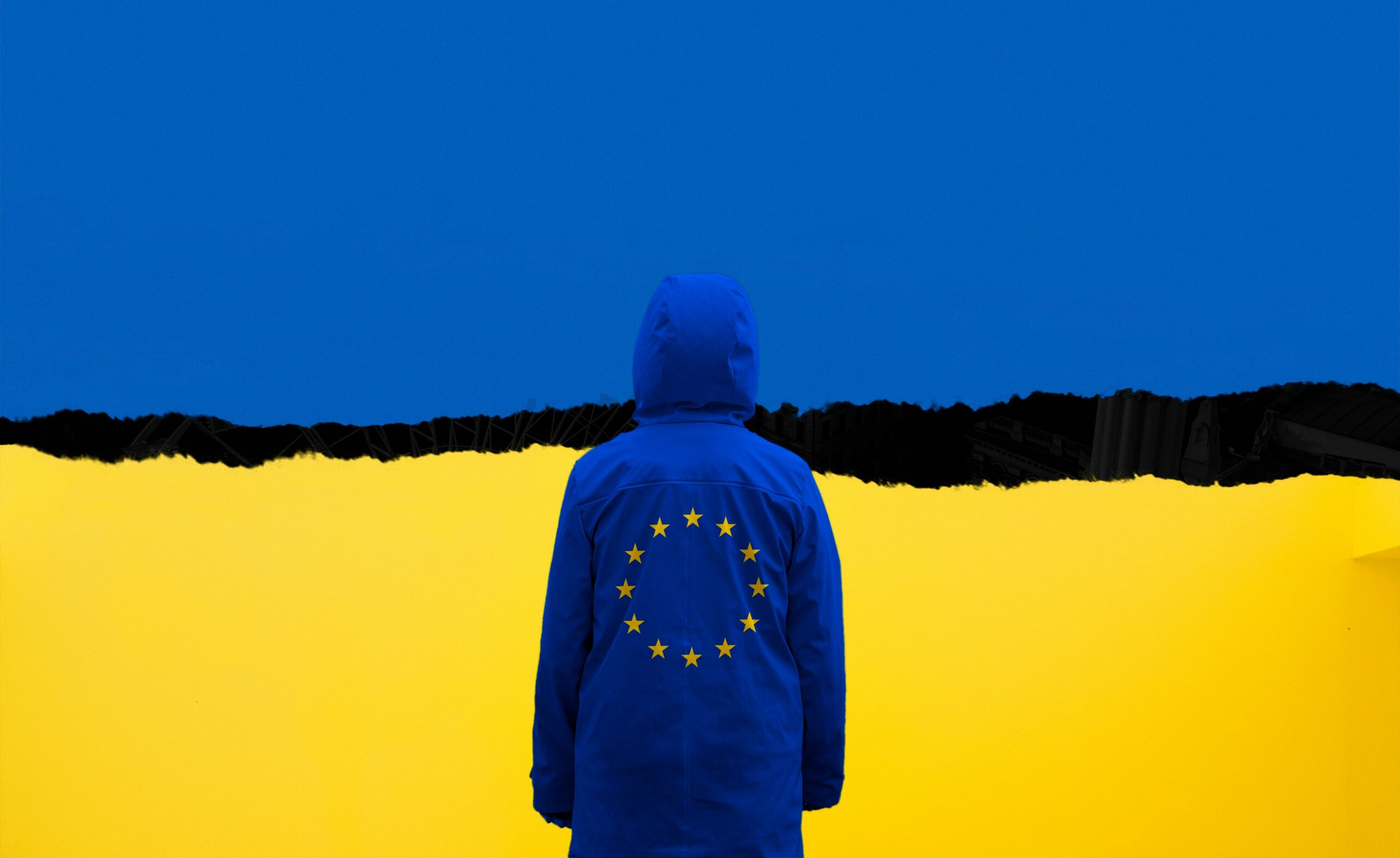 Image of EU and Ukraine flags displaying the tensioned situation wars produce.